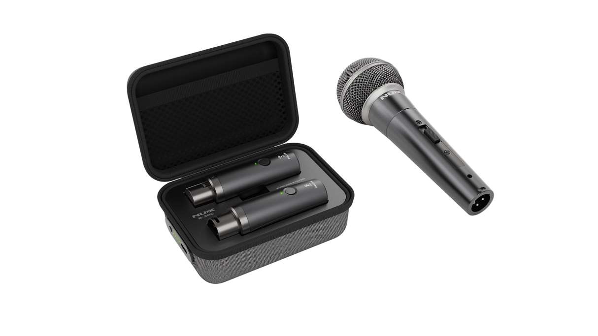 Nux Microphone with two wireless transmitters in a case on a clear background