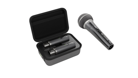 Nux Microphone with two wireless transmitters in a case on a clear background