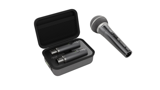 Nux Microphone with two wireless transmitters in a case on a clear background