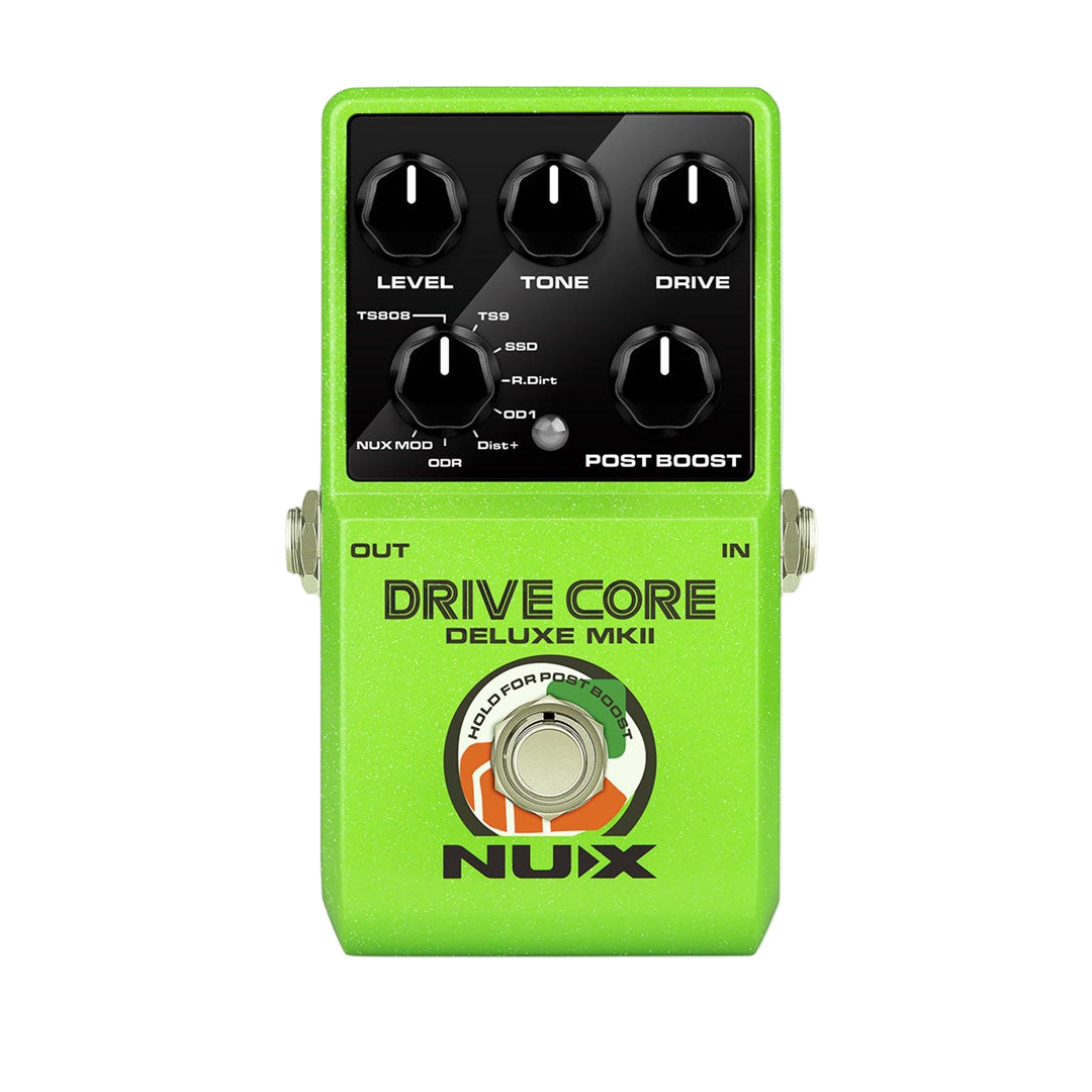 Nux drive core pedal in green front on on a clear background