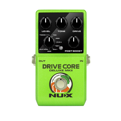 Nux drive core pedal in green front on on a clear background