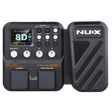 Nux multi effects and aamp modeling guitar prdal with a footboard and two foot switches in black with a white nux logo with a clear background