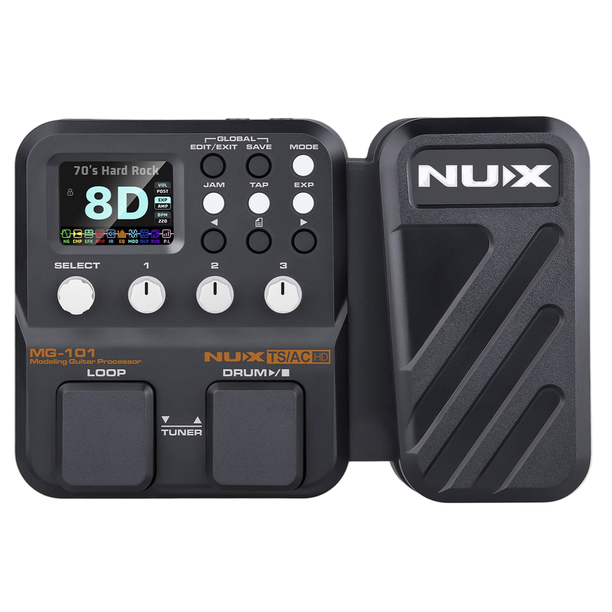 Nux multi effects and aamp modeling guitar prdal with a footboard and two foot switches in black with a white nux logo with a clear background