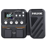 Nux multi effects and aamp modeling guitar prdal with a footboard and two foot switches in black with a white nux logo with a clear background
