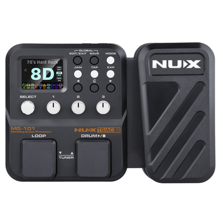 Nux multi effects and aamp modeling guitar prdal with a footboard and two foot switches in black with a white nux logo with a clear background