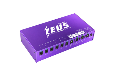 Purple power supply unit with 'ZEUS' branding on a clear background