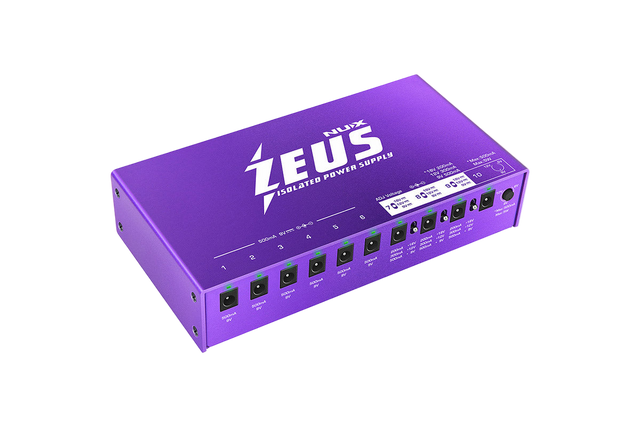 Purple power supply unit with 'ZEUS' branding on a clear background