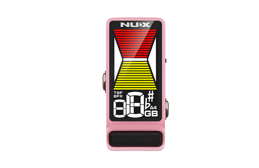 A NUX Flow Tune Guitar Tuner Pedal with a bright, full-color display, in a pink color.