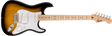 A Squier by Fender Sonic Stratocaster Electric Guitar with a sunburst finish, a white pickguard, and chrome-plated hardware.