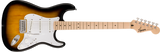 A Squier by Fender Sonic Stratocaster Electric Guitar with a sunburst finish, a white pickguard, and chrome-plated hardware.