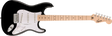 A Squier by Fender Sonic Stratocaster Electric Guitar with a sunburst finish, a clear pickguard, and chrome-plated hardware.