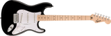 A Squier by Fender Sonic Stratocaster Electric Guitar with a sunburst finish, a clear pickguard, and chrome-plated hardware.
