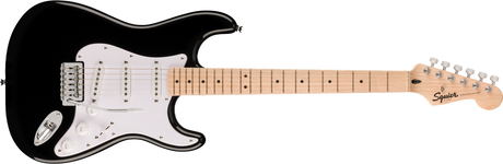 A Squier by Fender Sonic Stratocaster Electric Guitar with a sunburst finish, a clear pickguard, and chrome-plated hardware.
