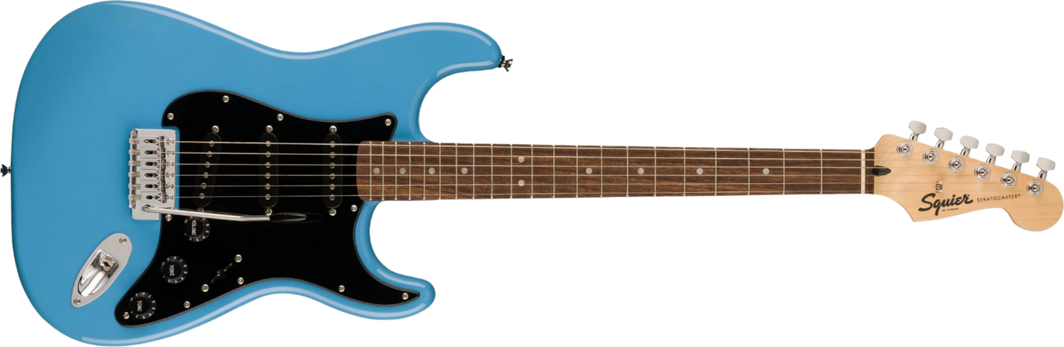 A Squier by Fender Sonic Stratocaster Electric Guitar with a blue finish, a black pickguard, and chrome-plated hardware.
