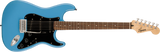 A Squier by Fender Sonic Stratocaster Electric Guitar with a blue finish, a black pickguard, and chrome-plated hardware.