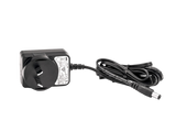 Black power adapter with fan and cable on a clear background