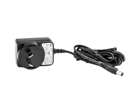 Black power adapter with fan and cable on a clear background