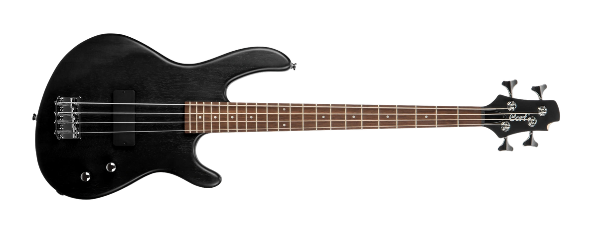 Black electric bass guitar on a clear background