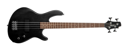Black electric bass guitar on a clear background