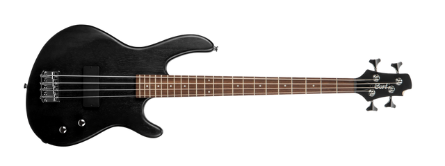 Black electric bass guitar on a clear background