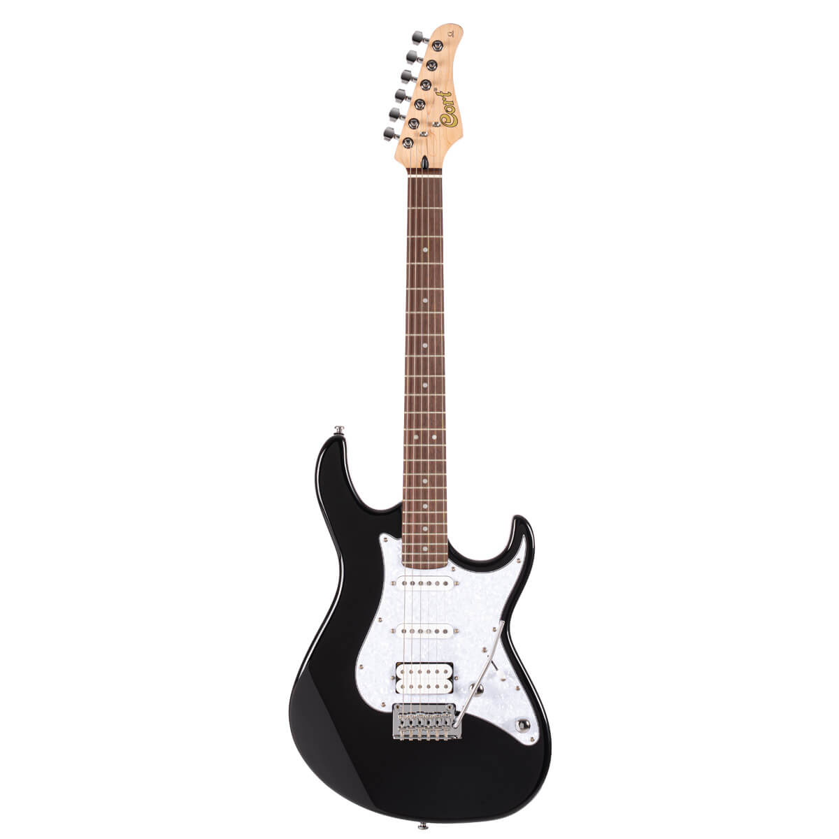 Black cort g250 electric guitar with a white pickguard front on