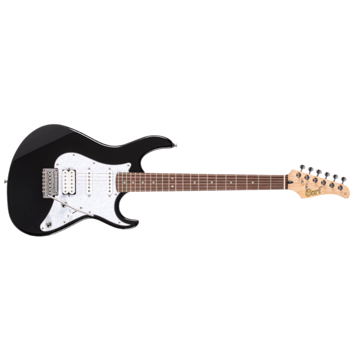 cort g250 Black electric guitar front on with clear cut background