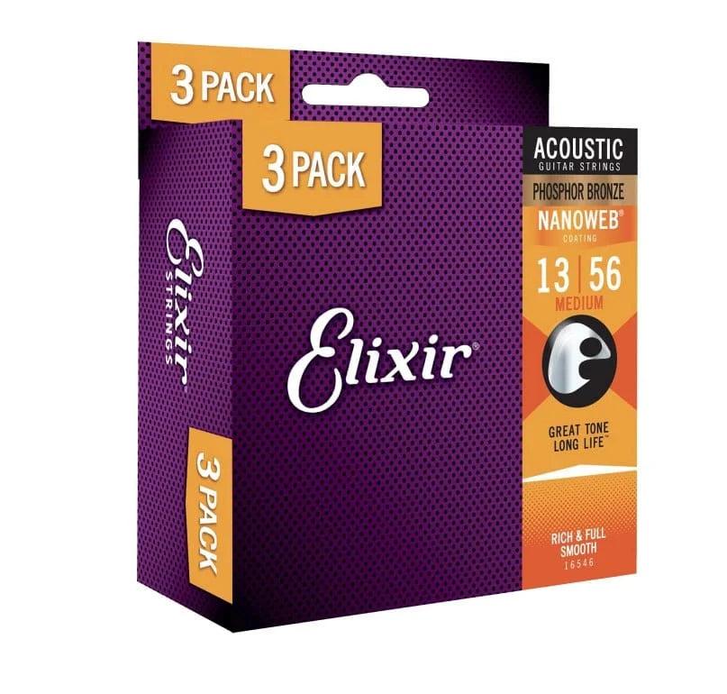 ELIXIR Nanoweb Phosphor Bronze Acoustic Guitar Strings – Medium 13-56 Gauge (Single Pack / 3-pack)