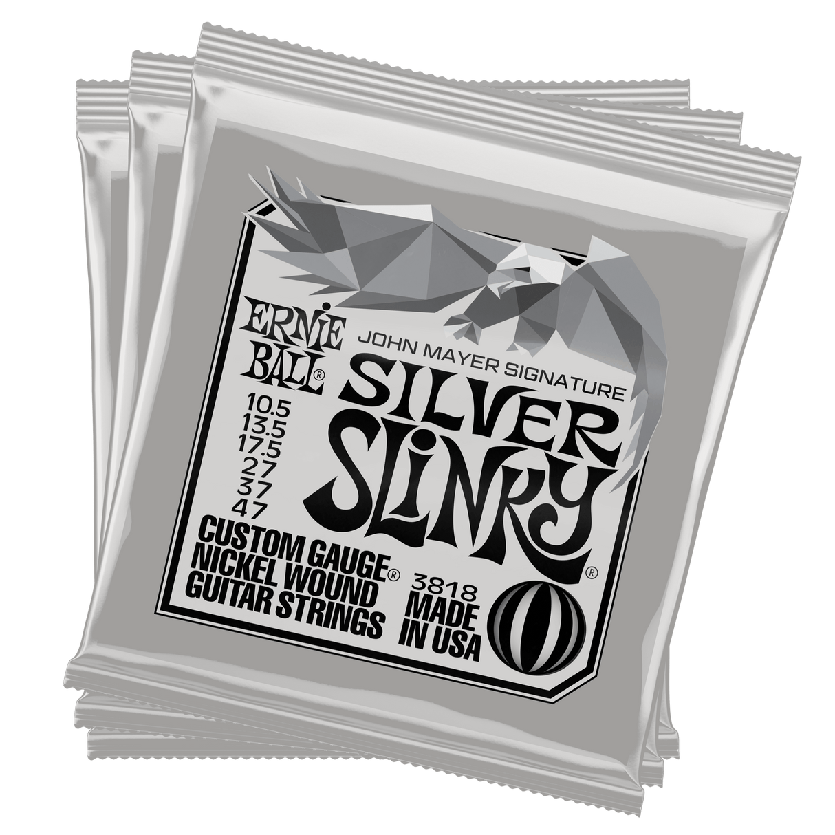 3-pack of Ernie Ball John Mayer Silver Slinky Signature electric guitar strings displayed