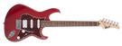 A red Cort G110 electric guitar with a double cutaway body, H-S-S pickup configuration, and a satin neck finish.