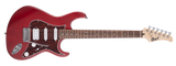 A red Cort G110 electric guitar with a double cutaway body, H-S-S pickup configuration, and a satin neck finish.