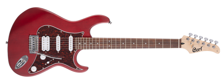 A red Cort G110 electric guitar with a double cutaway body, H-S-S pickup configuration, and a satin neck finish.