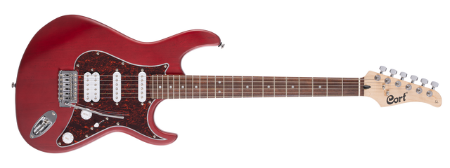 A red Cort G110 electric guitar with a double cutaway body, H-S-S pickup configuration, and a satin neck finish.