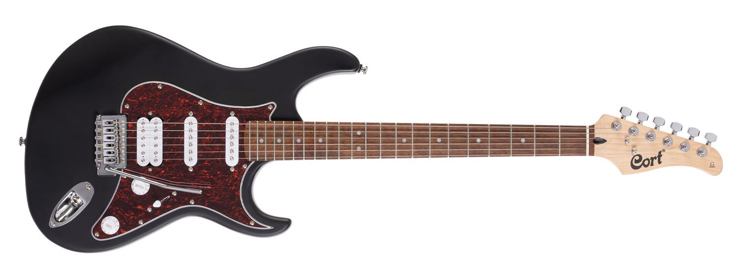 A black Cort G110 electric guitar with a double cutaway body, H-S-S pickup configuration, and a satin neck finish.