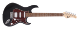 A black Cort G110 electric guitar with a double cutaway body, H-S-S pickup configuration, and a satin neck finish.