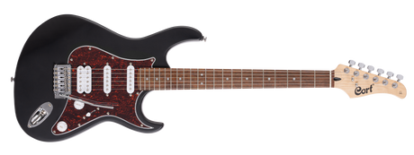 A black Cort G110 electric guitar with a double cutaway body, H-S-S pickup configuration, and a satin neck finish.