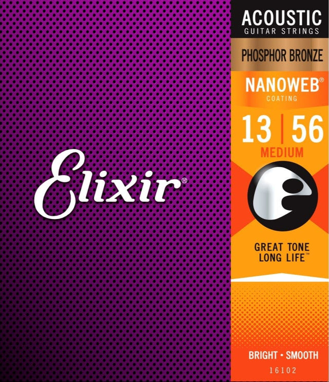 ELIXIR Nanoweb Phosphor Bronze Acoustic Guitar Strings – Medium 13-56 Gauge (Single Pack) laid out in packaging
