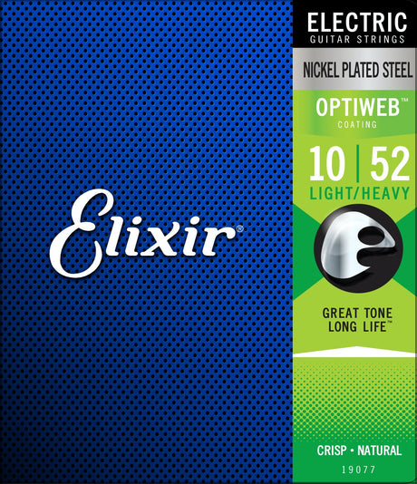 ELIXIR Optiweb Electric Guitar Strings – Light/Heavy 10-52 Gauge (Single Pack) shown in packaging
