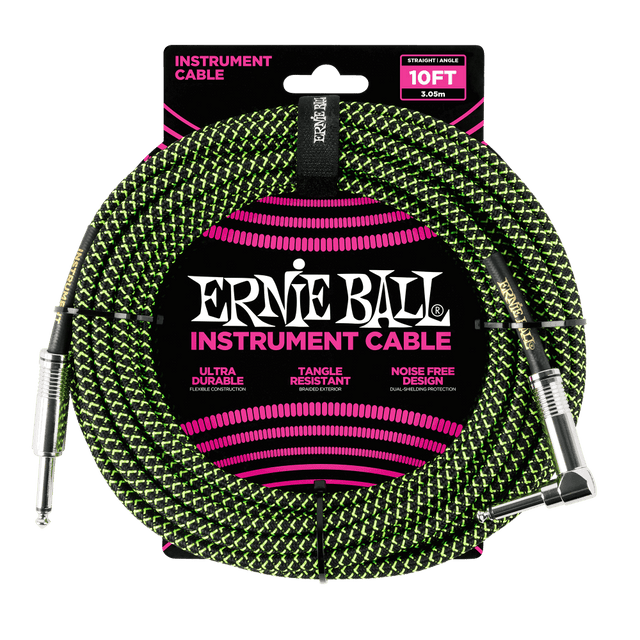 Ernie ball 10ft braided instrument cable in black and green front view