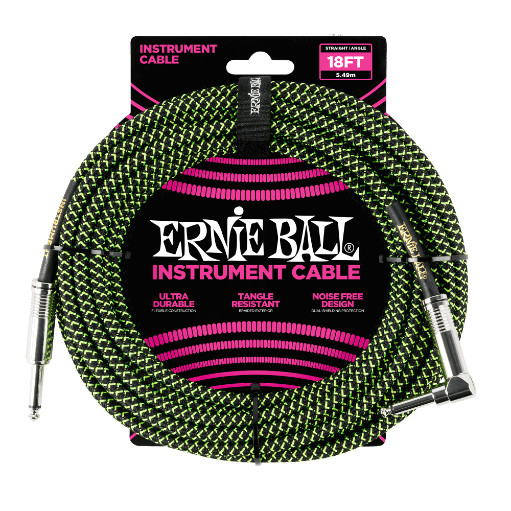 Ernie ball 18ft braided instrument cable in black and green front view