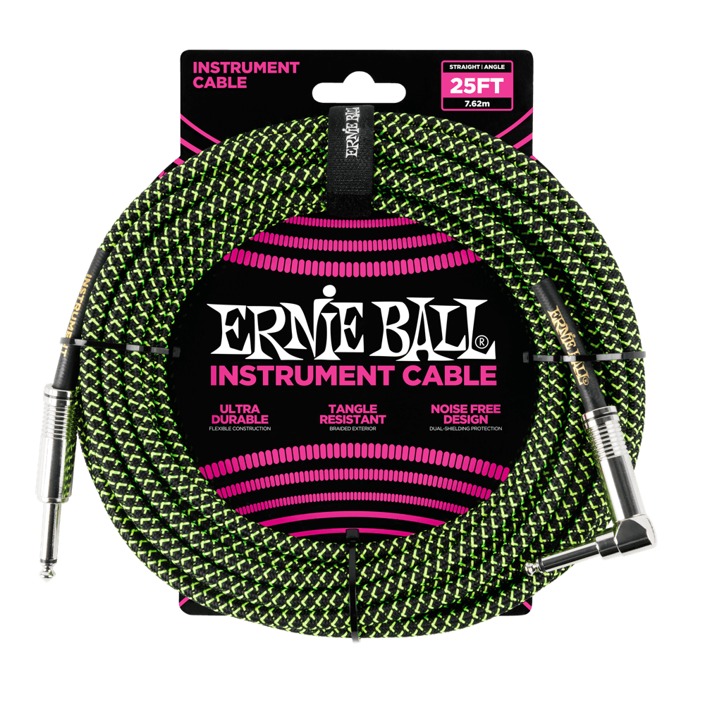 Ernie ball 25ft braided instrument cable in black and green front view