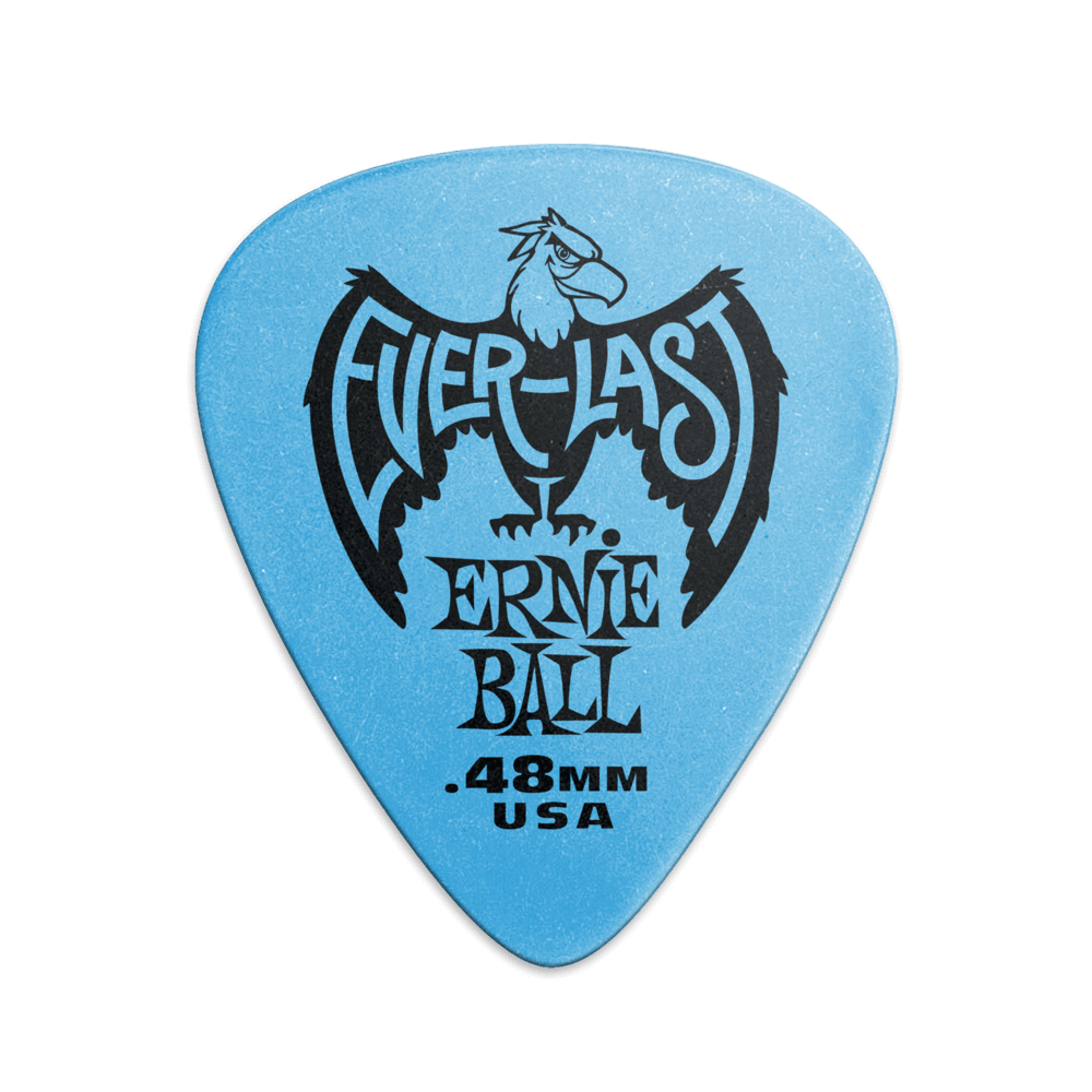 A single blue Ernie Ball Everlast guitar pick with the brand logo and text 'Everlast Ernie Ball 0.48MM USA' printed on it.