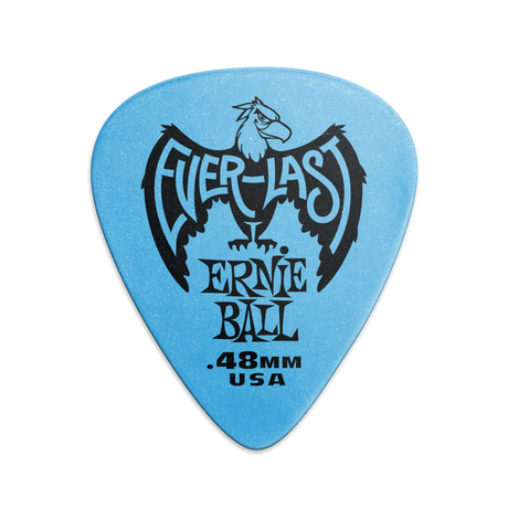A single blue Ernie Ball Everlast guitar pick with the brand logo and text 'Everlast Ernie Ball 0.48MM USA' printed on it.