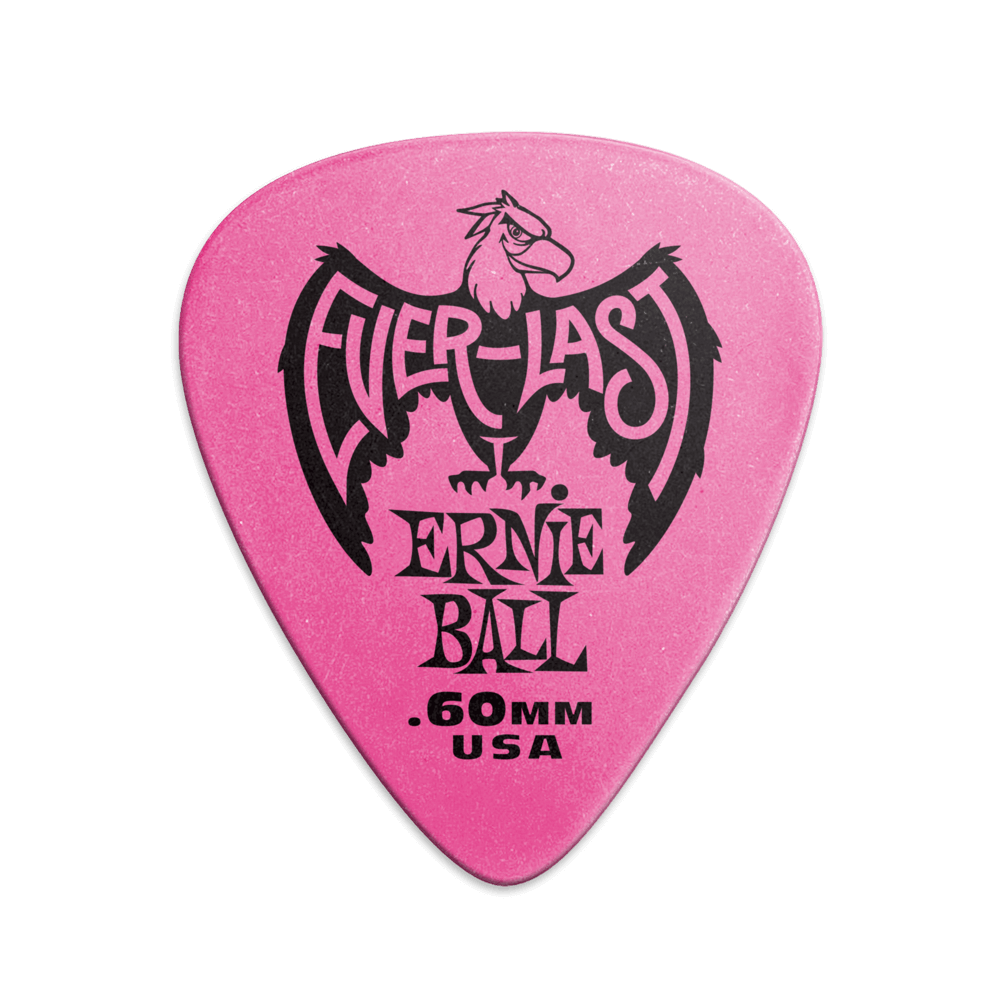 A single pink Ernie Ball Everlast guitar pick with the brand logo and text 'Everlast Ernie Ball 0.6MM USA' printed on it.