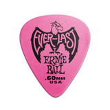 A single pink Ernie Ball Everlast guitar pick with the brand logo and text 'Everlast Ernie Ball 0.6MM USA' printed on it.