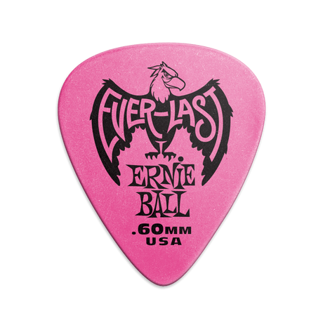 A single pink Ernie Ball Everlast guitar pick with the brand logo and text 'Everlast Ernie Ball 0.6MM USA' printed on it.