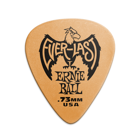 A single orange Ernie Ball Everlast guitar pick with the brand logo and text 'Everlast Ernie Ball 2.00,73