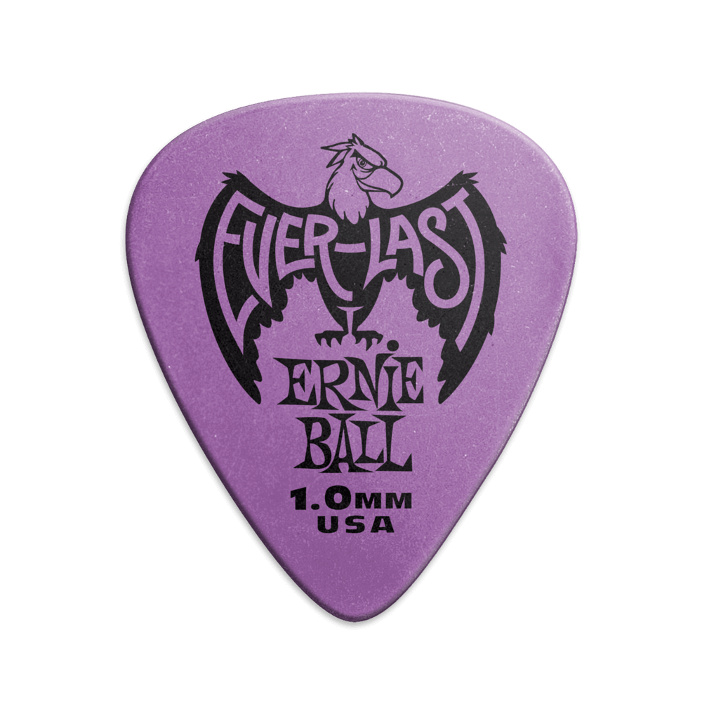 A single purple Ernie Ball Everlast guitar pick with the brand logo and text 'Everlast Ernie Ball 1.0MM USA' printed on it.