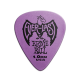 A single purple Ernie Ball Everlast guitar pick with the brand logo and text 'Everlast Ernie Ball 1.0MM USA' printed on it.