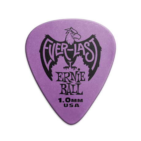 A single purple Ernie Ball Everlast guitar pick with the brand logo and text 'Everlast Ernie Ball 1.0MM USA' printed on it.