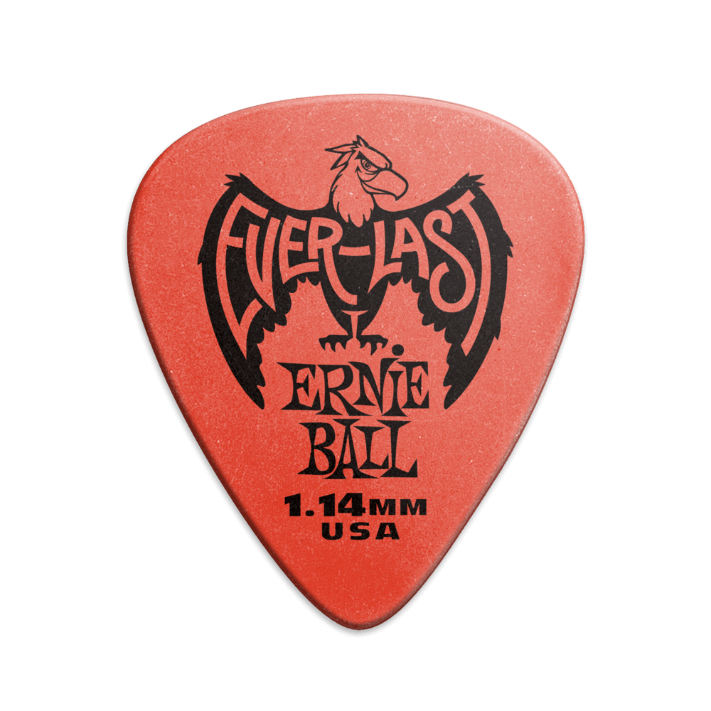A single red Ernie Ball Everlast guitar pick with the brand logo and text 'Everlast Ernie Ball 1.14MM USA' printed on it.